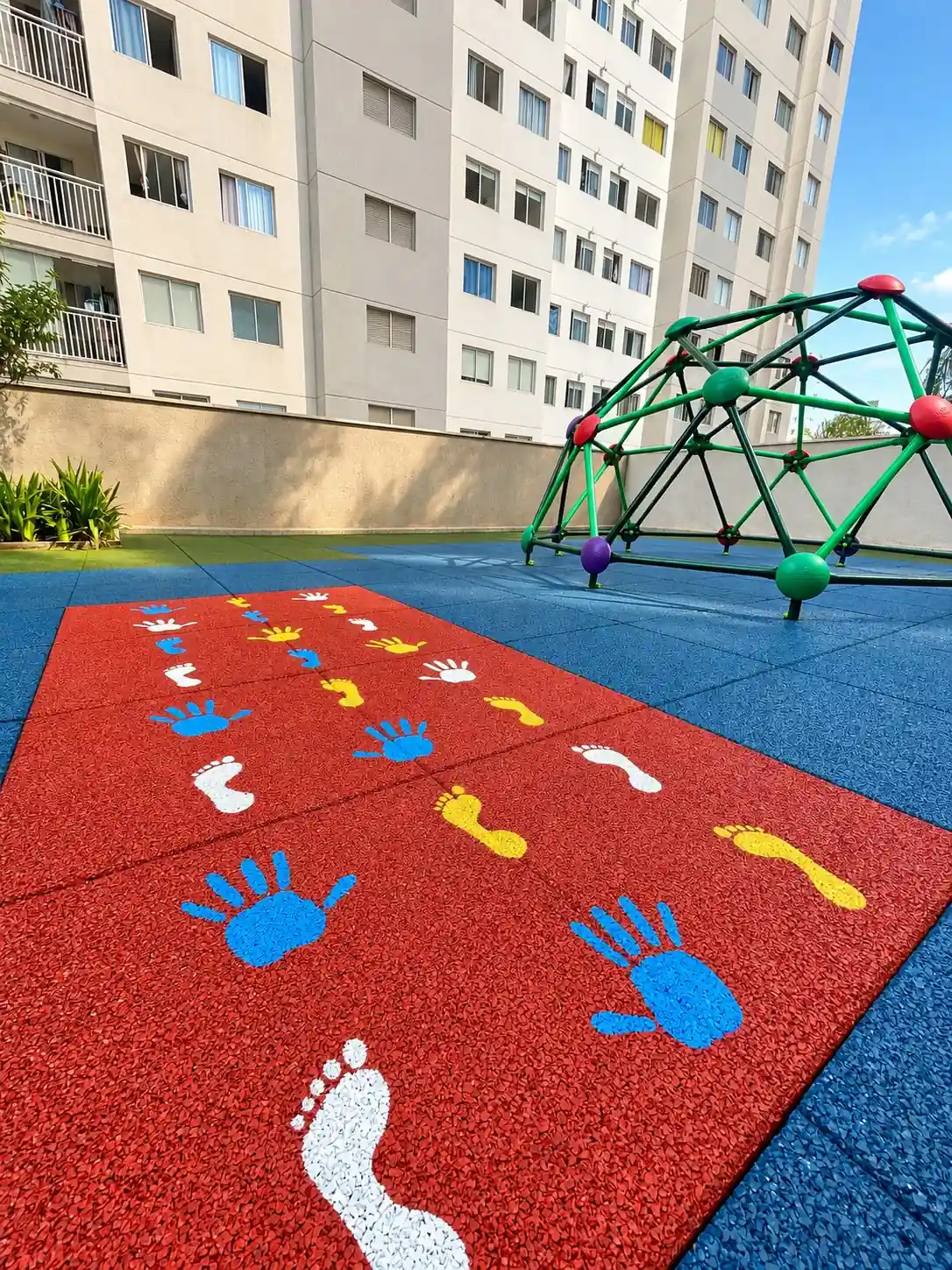 Jogo pé e mão instalado em piso de borracha SBR